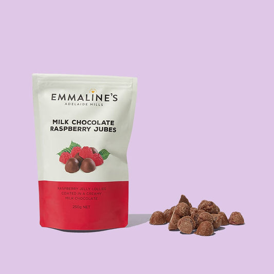 Emmalines Milk Chocolate Coated Raspberry Jubes 250g-Candy & Chocolate-soul-baby-gifts-