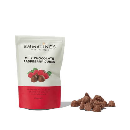 Emmalines Milk Chocolate Coated Raspberry Jubes 250g