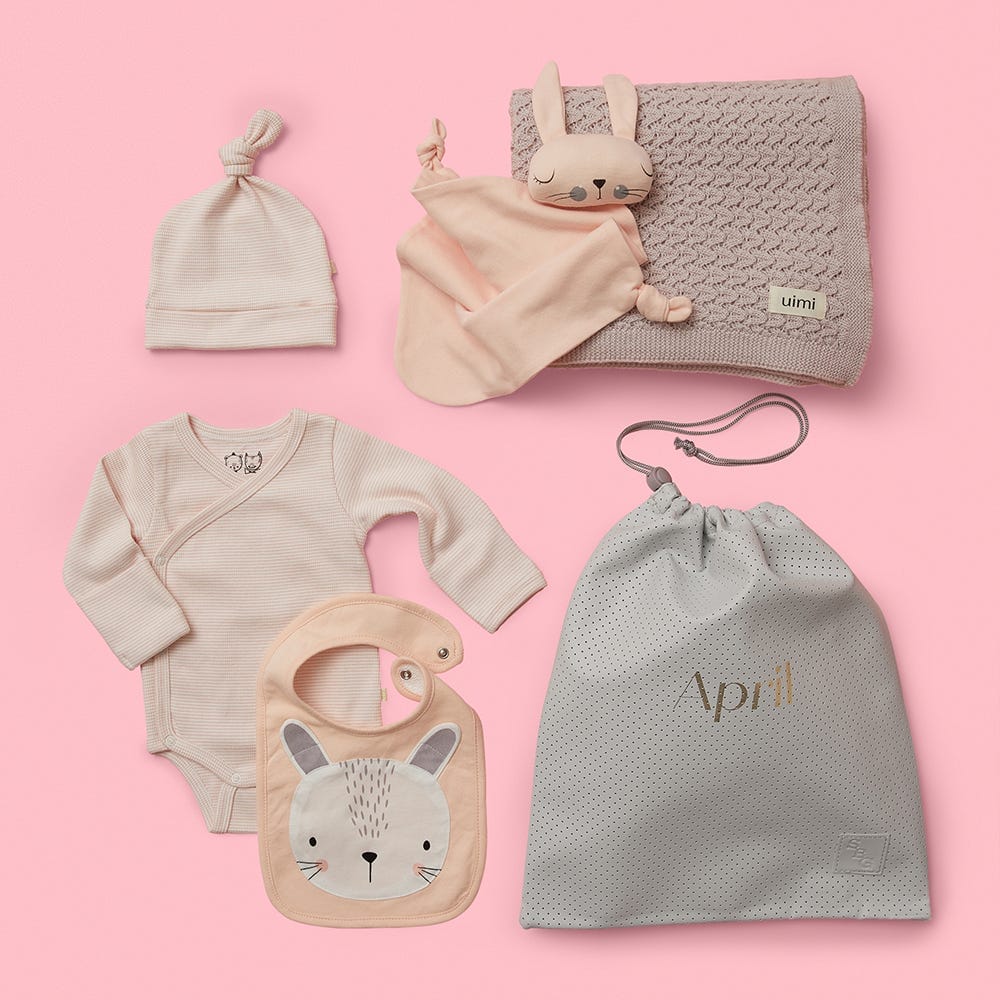 Pink Tones Baby Gift Hamper with wool blanket organic clothing and accessories