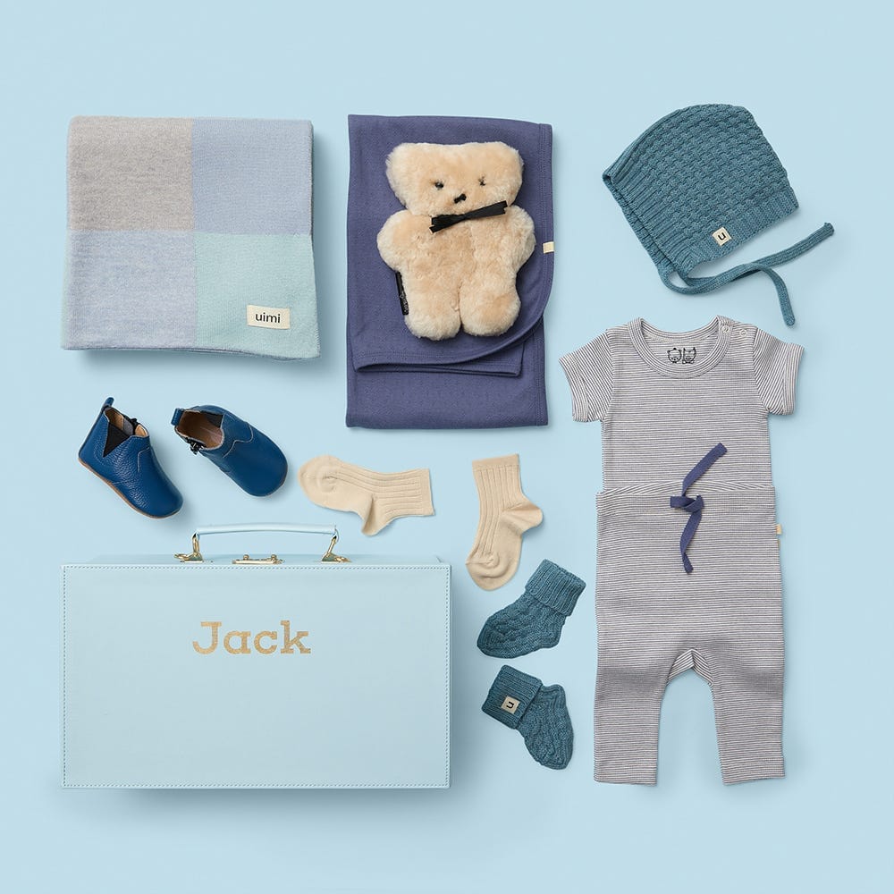 The Luxe Edit Baby Boy Gift Hamper with Uimi Merino Blanket, Wilson and Frenchy Baby Clothes
