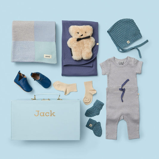 The Luxe Edit Baby Boy Gift Hamper with Uimi Merino Blanket, Wilson and Frenchy Baby Clothes
