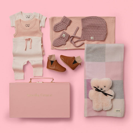 The Luxe Edit Baby Girl Gift Hamper with Uimi Merino Blanket, Wilson and Frenchy Baby Clothes