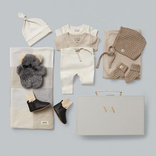 The Luxe Edit Baby Gift Hamper with Uimi Merino blanket, Frenchy + Wilson Baby Clothes
